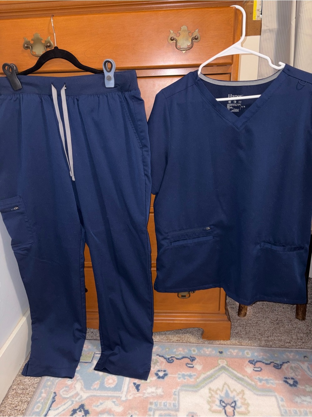 Hanes Navy Blue Scrub Pants & V-Neck Top